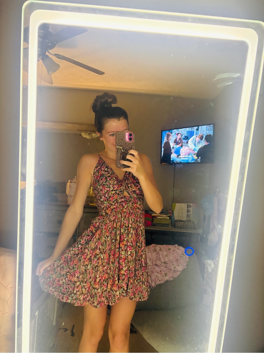 Dry Goods Floral Mini Dress in Black with Pink and Green